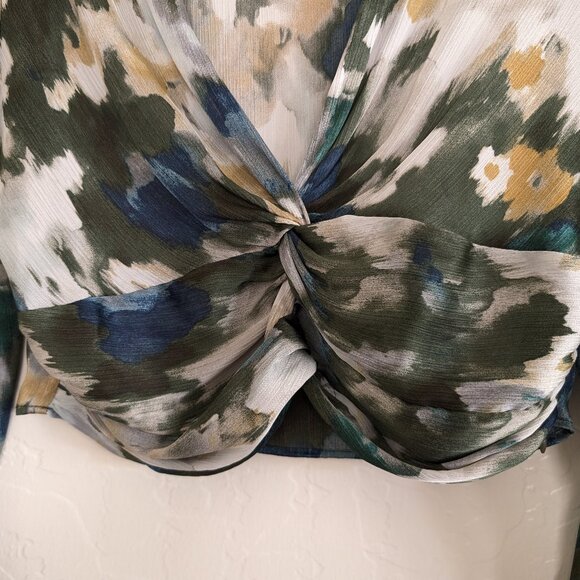 ZARA Blouse Women's M Multicolor Watercolor Sheer Lightweight Zipper Deep V Neck - Picture 2 of 14